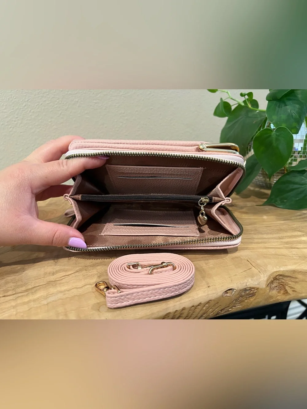 Carr Ken Pink Pebbled Leather Phone Wallet with Gold Frame